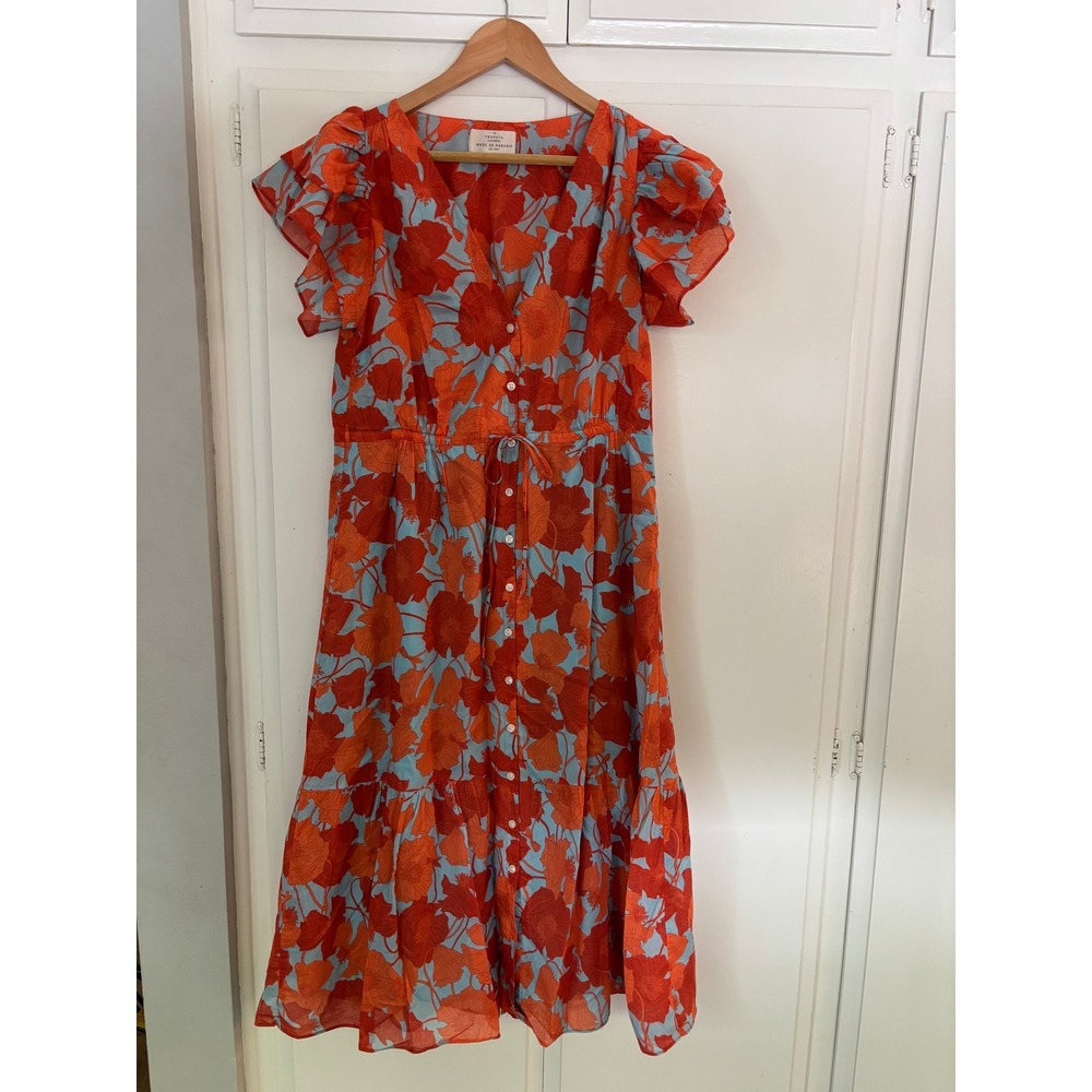Trovata Birds of Paradis Floral Midi Dress Orange Blue Ruffle Sleeve XS